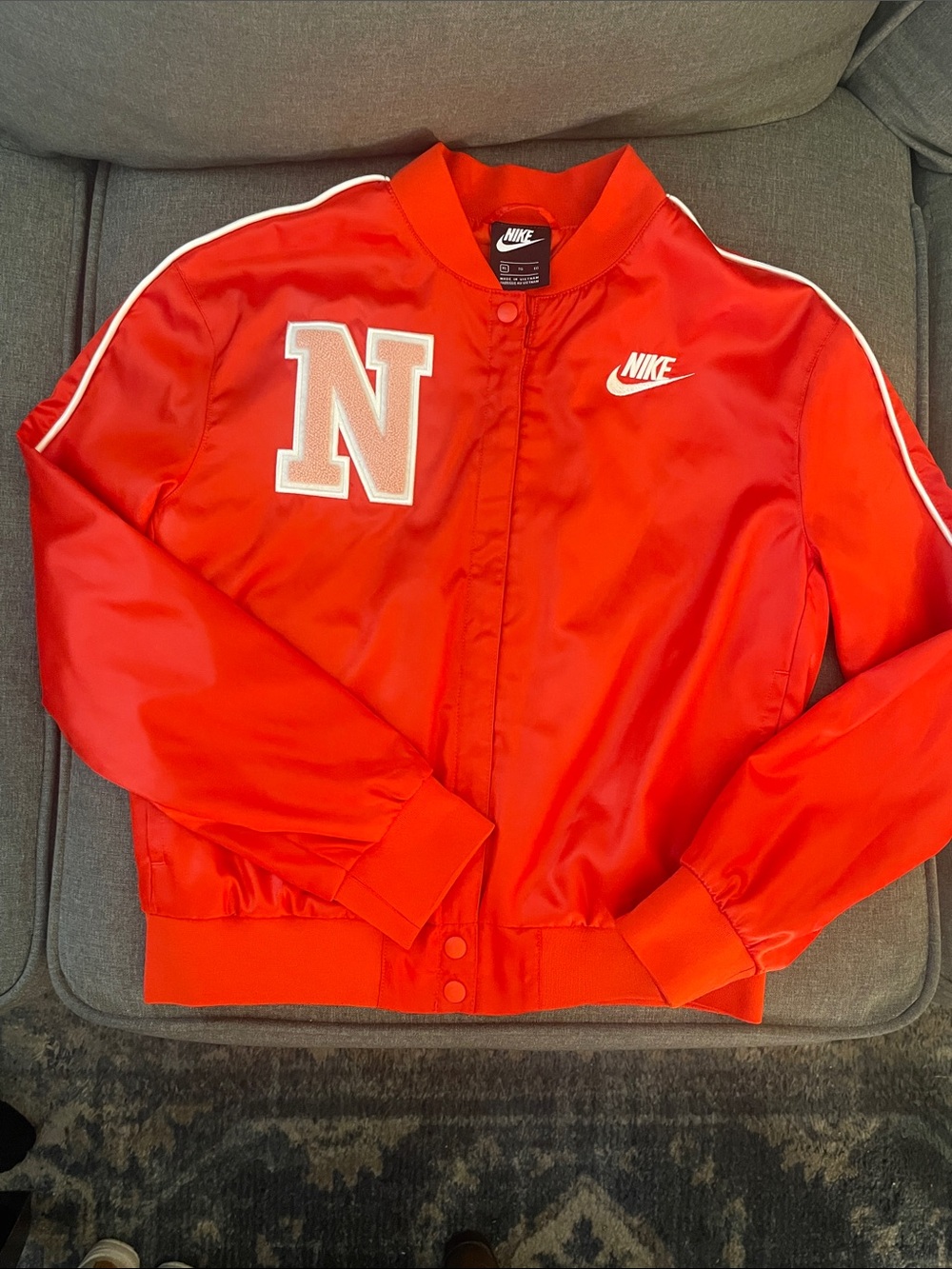 Women’s Jr. XL Nike Red Satin-Style Bomber Jacket with White Logo